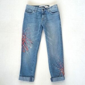 Zara Cigarette Cuffed Jeans Embellished w/ Jewels & Splash Paint Look 34 (US 2)